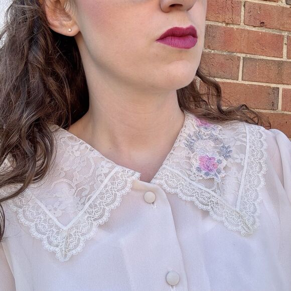 VTG 80's 90's Daniela Lace Collar Cottagecore Prairie Top Blouse SZ Medium Ivory - Picture 1 of 16